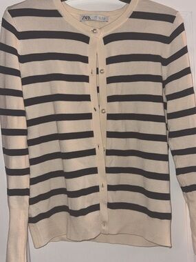 ZARA Cream and navy Striped Crewneck Cardigan